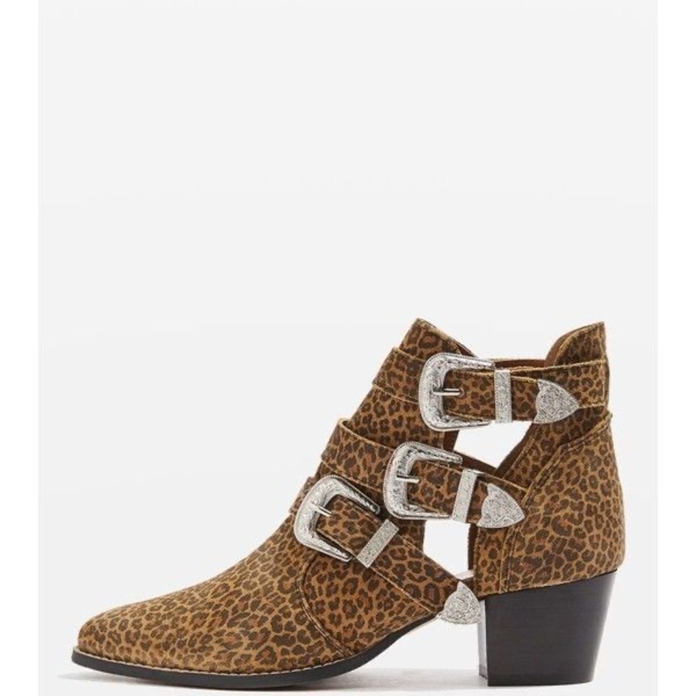 TOPSHOP Marmalade Leopard Print Western Ankle Boots with Buckles